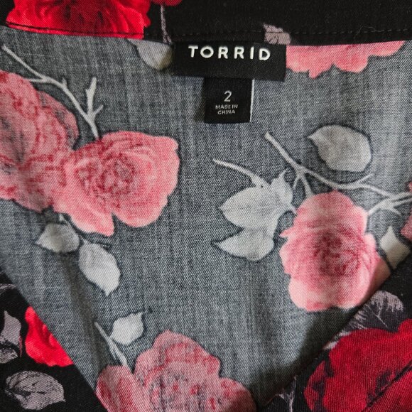 718-5 Torrid Midi Stretch Challis Tie Neck Dress Rose Black Floral Size 2 18/20 - Picture 12 of 16